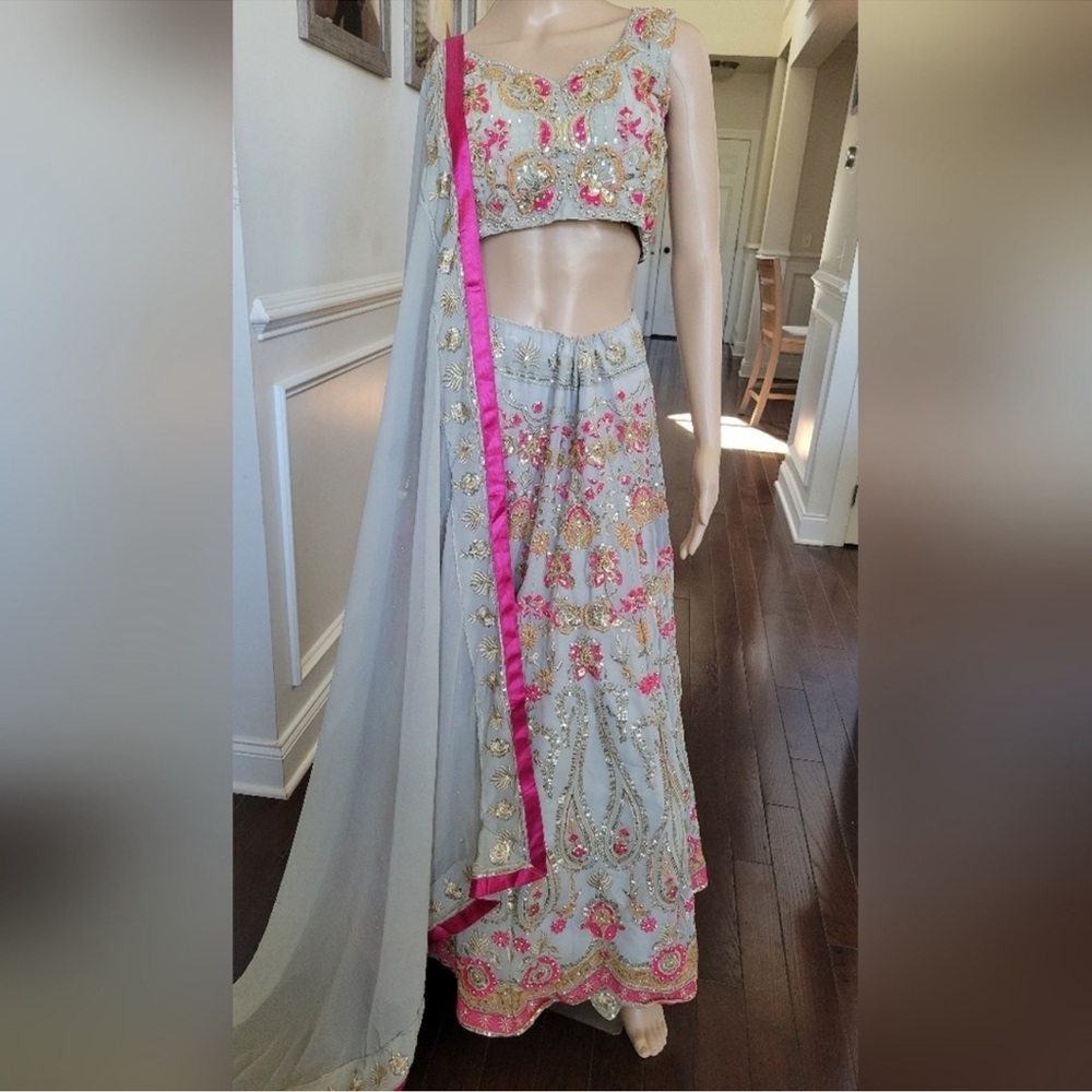 Lehenga blue-grey & pink